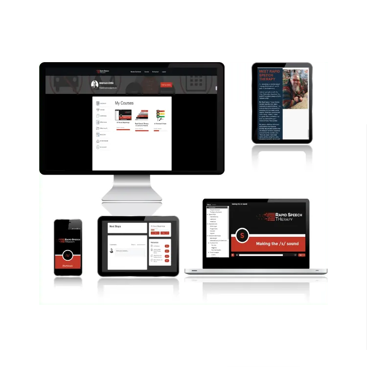 The Academy's member dashboard, courses and workbook shown on a monitor, laptop, tablet and phone